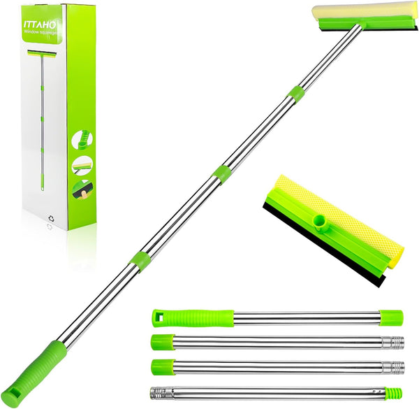 ITTAHO 2 in 1 Squeegee for Window Cleaning - 58'' Long Handle Window Washing Kit for Shower, Windshield, and Glass