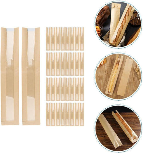 HONITANO 50pcs Packaging Kraft Paper Bread Bags with Window for Baguette Loaf Disposable Paper Bags for Homemade Bread