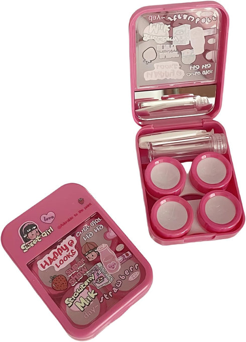 2 Pack 2 in 1 Contact Lens Cases, Travel Eye Contacts Case Box Holder with Tweezers and Solution Bottle Kit (Fuchsia)