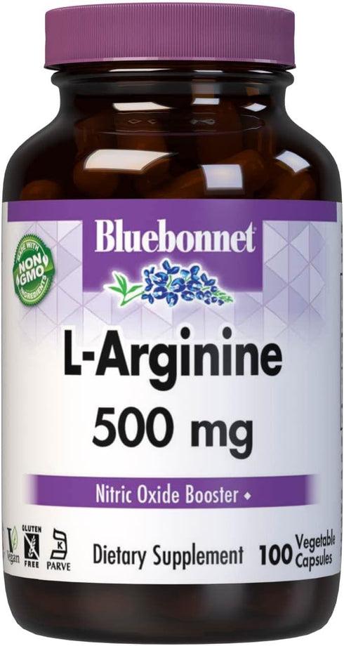 Bluebonnet Nutrition L-Arginine, 500mg, Free-Form Amino Acid, 100 Vegetable Capsules, Nitric Oxide Precursor*, Vegan,