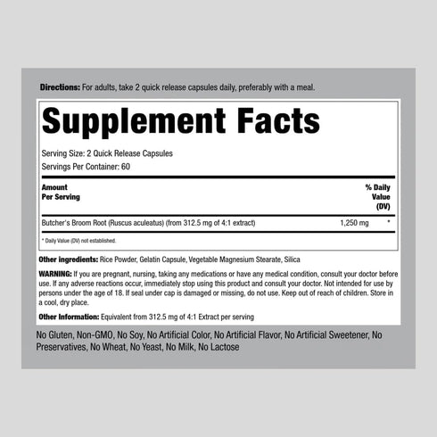Piping Rock Butchers Broom Capsules | 1250 mg | 120 Count | Herb Root Extract | Non-GMO, Gluten Free