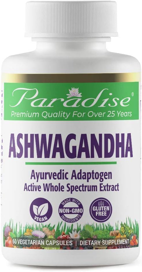 Paradise Herbs Organic Ashwagandha, Ayurvedic Adaptogen, Vegan, Gluten Free, 60 Vegetarian Capsules