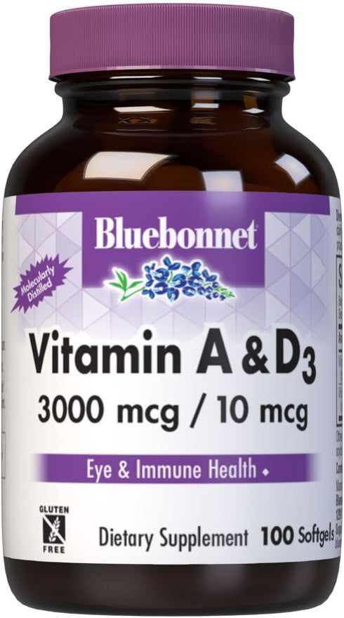 Bluebonnet Nutrition Vitamin A & D3 10,000 IU/400 IU Softgel, 100 Count - Immune Function & Eye Health Support - Gluten