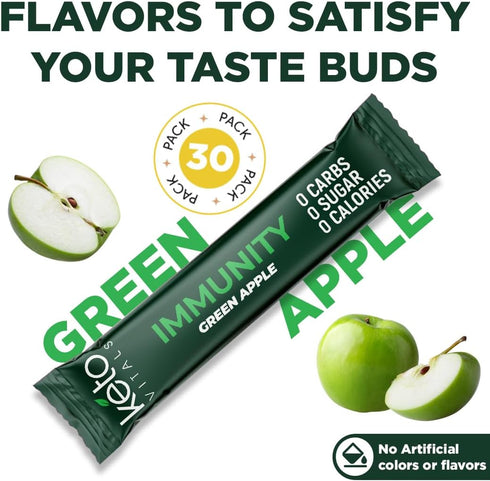 Keto Vitals Immunity Sugar Free Electrolytes Powder with Vitamin C, Green Apple Flavor, 30 Count