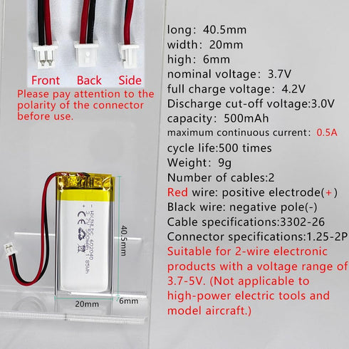 DC 3.7V 500mAh 602040 Rechargeable Lithium Polymer Battery, Suitable for DIY 3.7-5V Electronic Products with Built-in 2-Wire Battery Replacement and LED Lights