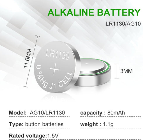 kunying 50 Pack LR1130 Battery,AG10 SG10 389 189 1.5V Premium Alkaline Battery Button Coin Cell Batteries