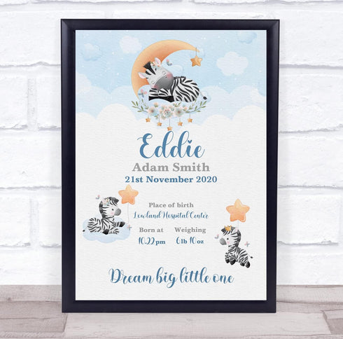 The Card Zoo New Baby Birth Details Christening Nursery Cute Zebras Keepsake Gift Print