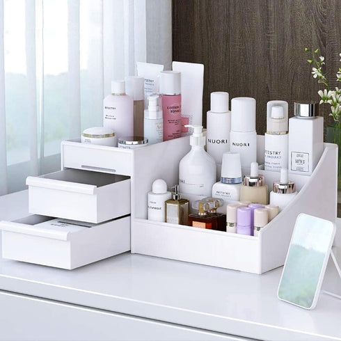 Makeup Desk Organizer with Drawers, Countertop Organizer for Cosmetics, Vanity Holder for Lipstick, Brushes, Lotions, Eyeshadow, Nail Polish and Jewelry (White) by Decorcode