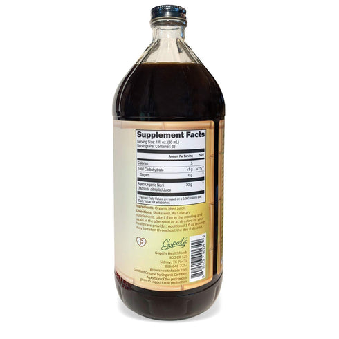 Gopals Noni One 100% Pure Organic Noni Juice, 32oz Glass Bottle, Gluten-Free & Vegan
