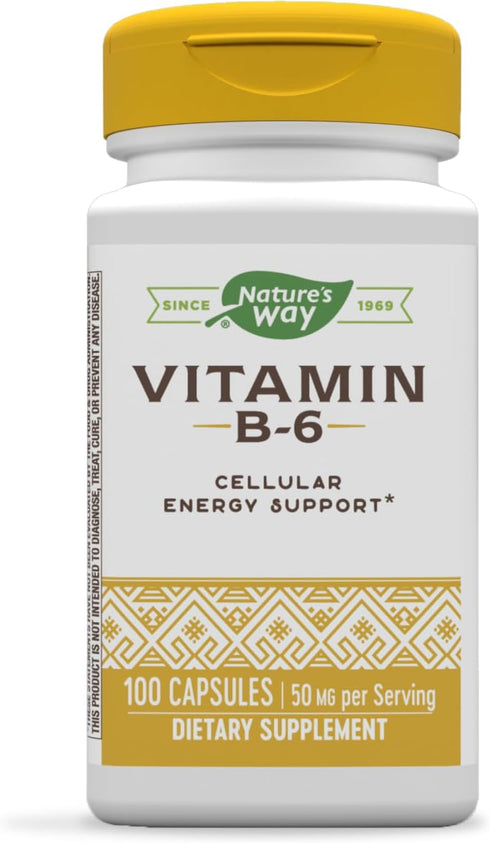 Nature's Way Vitamin B-6 Supplement, 50mg per Serving, 100 Capsules for Cellular Energy Support