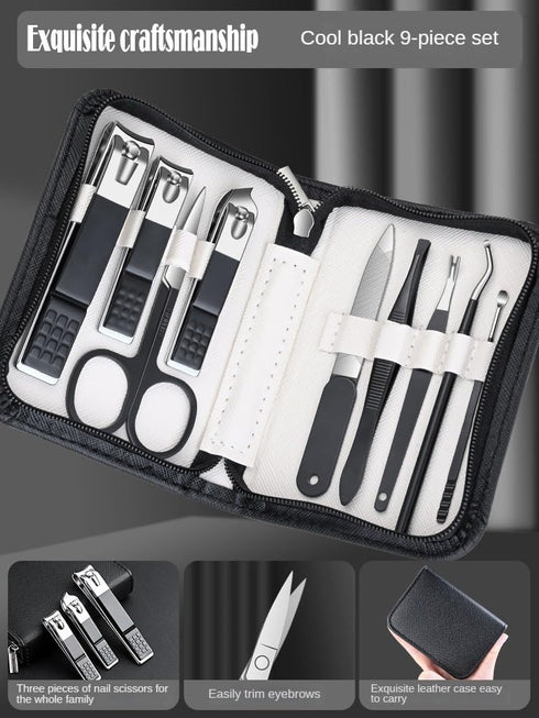 Men's Nail Grooming Kit, 9-Piece Manicure Set, Black Travel Nail Care Kit for Women, Clippers, Tweezers, Trimmers