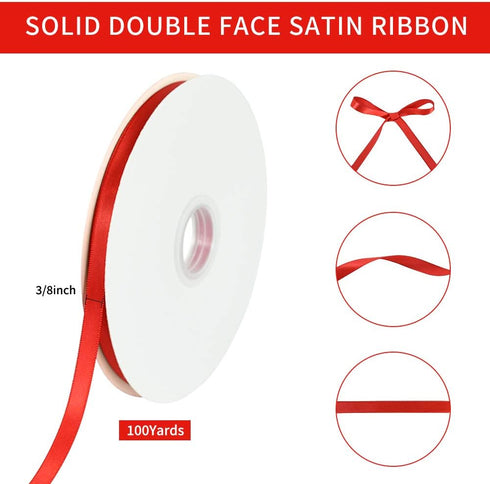 TONIFUL 3/8 Inch x 100yds Red Satin Ribbon - Thin Solid Fabric Ribbons Roll for Gift Wrapping, Floral, Craft, Party