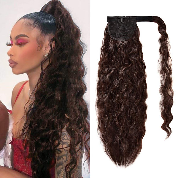 YEAME 22 Inch Long Corn Wave Ponytail Extension Clip in, Wavy Curly Heat Resistant Synthetic Hairpiece (Medium Brown #4)