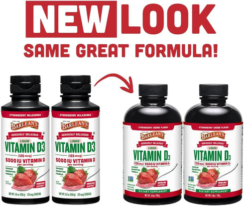 Pack 2 D3 5000 5.6 oz Barlean's of Vitamin Liquid Supplement for Kids and Adults, IU Vitamin D, Strawberry Milkshake