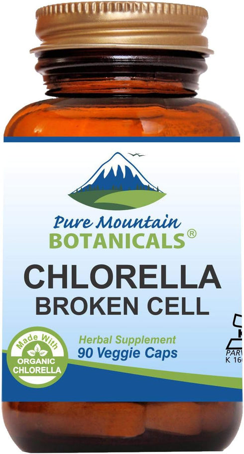 Pure Mountain Botanicals 90 Kosher Vegan Chlorella Capsules - 500mg Organic Broken Cell Wall Powder