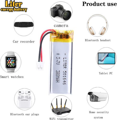 3.7V Lipo Battery 380mAh, Rechargeable Lithium Ion Polymer Battery 501646 with JST Connector