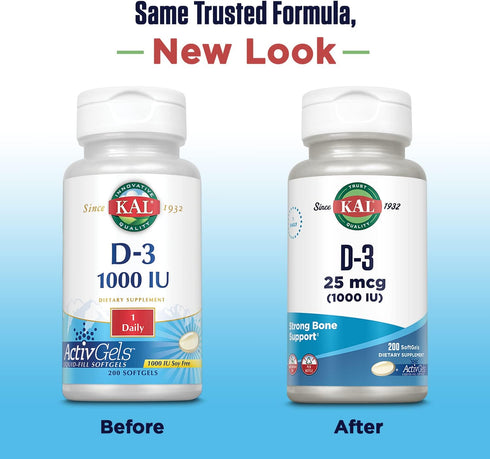 KAL Vitamin D3 1000 IU Softgels (25 mcg), Active Form of Vitamin D, Calcium Absorption, Bone Health, Immune Support Supplement, Liquid Filled ActivGel, Made Without Soy, 200 Servings, 200 Softgels