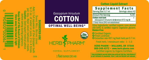 Herb Pharm Certified Organic Cotton Root Liquid Extract - 1 Fl Oz
