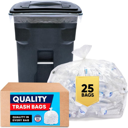 Heavy Duty Clear 95-96 Gallon Trash Bags, Huge Value Pack, 25 Bags w/Ties, Extra Large Recycling Trash Bags