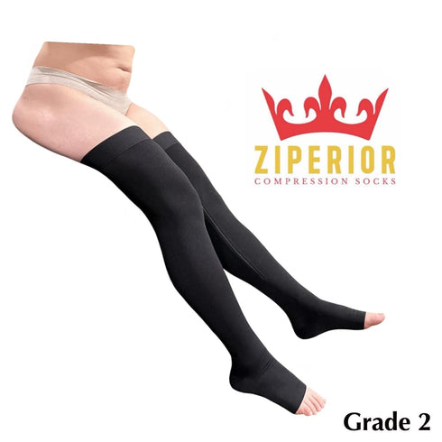Ziperior 20-30 mmHg Thigh High Compression Wide Calf Inside Leg Zipper Open Toe (Black, Large-X-Large)