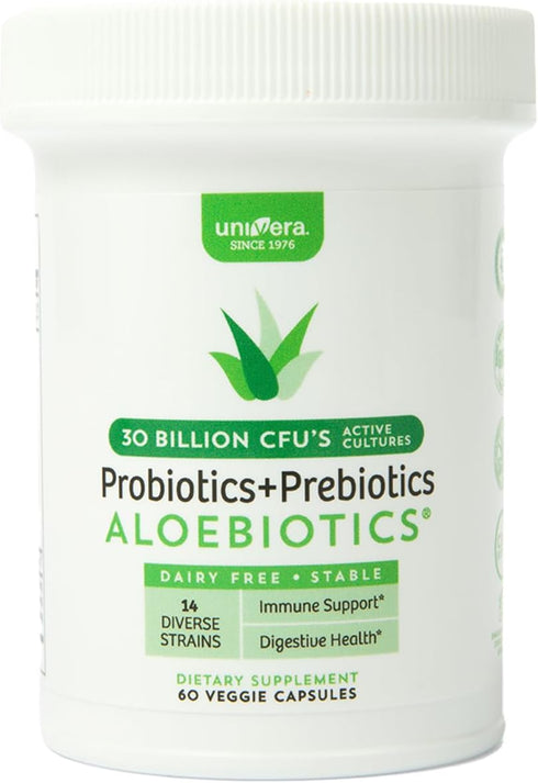 Univera Probiotics for Women, Probiotics and Prebiotics 30 Billion CFUs with Organic Aloe Vera -14 Strains, Digestive Enzymes for Adults - Vegan, AloeBiotics, 60ct.