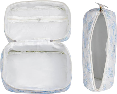 2 Pcs Large Quilted Makeup Bag - Cotton Quilted Toiletry Bag for Women, Cute Kawaii Travel Cosmetic Bags (03 Lightblue