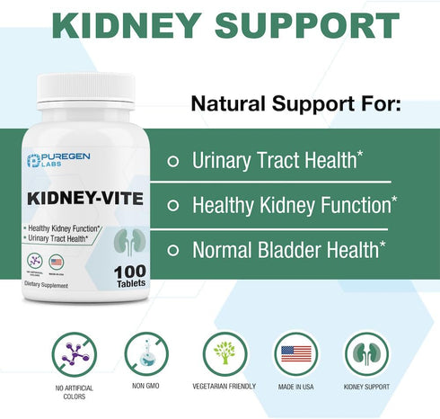 Puregen Labs Kidney-Vite, Premier Kidney, Renal Support, Non-GMO, Gluten-Free, No Artificial Color Additives, 100