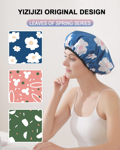 YIZIJIZI Terry Lined Shower Cap, Triple Layer Large Reusable Waterproof Cap for Long Thick Hair, Blue