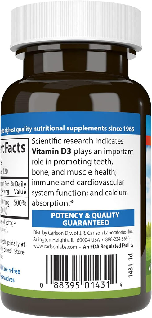 Carlson Vitamin D3 4000 IU - 120 Gluten Free Softgels for Bone & Immune Health