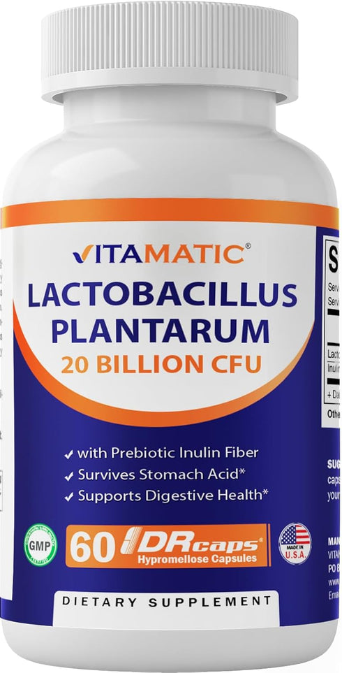Vitamatic Lactobacillus Plantarum, 20 Billion per DR Capsule, 60 Count for Digestive Support with Prebiotic Fiber.