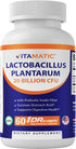 Vitamatic Lactobacillus Plantarum, 20 Billion per DR Capsule, 60 Count for Digestive Support with Prebiotic Fiber.