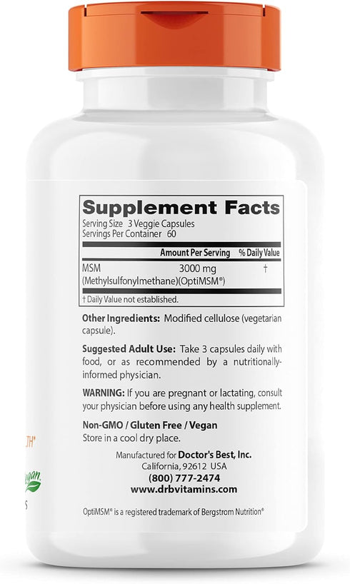 Doctor's Best MSM with OptiMSM, Joint Support, Immune System, Antioxidant and Protein-Building Role, Non-GMO, Gluten Free, 1000 mg, 180 Veggie Caps