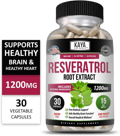 Kaya Naturals Resveratrol Capsules - Anti Aging Supplement with Antioxidants & Brain Support - 30 Veggie Capsules