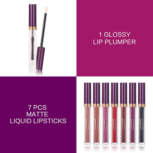 QiBest 7Pcs Matte Liquid Lipstick with 1Pcs Lip Plumper Makeup Set, Waterproof Long Lasting Lip Kit