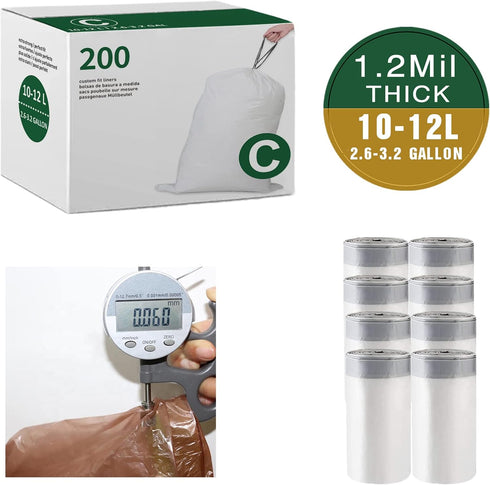 Code C (200 Count) Trash Bags Custom Fit Drawstring Trash Bags Compatible with simplehuman Code C | 1.2 Mil Heavy Duty White Garbage Liners 2.6-3.2 Gallon / 10-12 Liter by Simplelisa