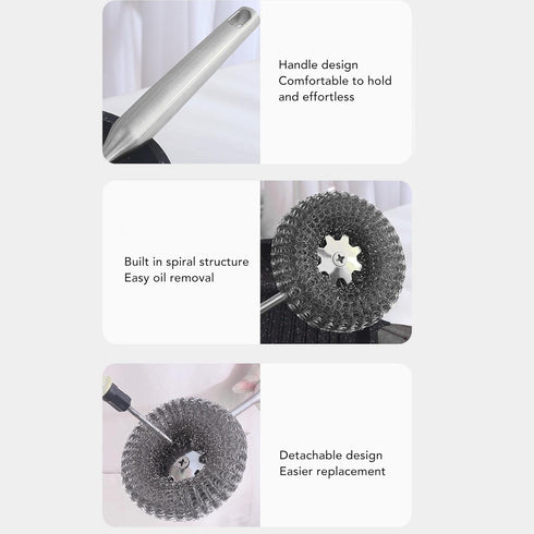 Stainless Steel Wool Scrubber with Long Handle, Handheld Scrubbing Brush for Pots and Pans Cleaning