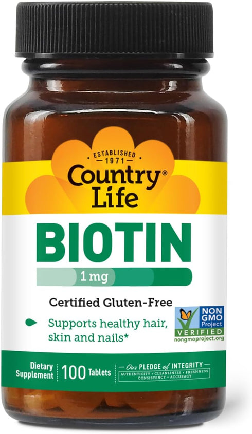 Country Life Biotin 1mg - 100 Tablets, Supports Healthy Hair, Skin & Nails, Certified Gluten Free, Vegan, Halal