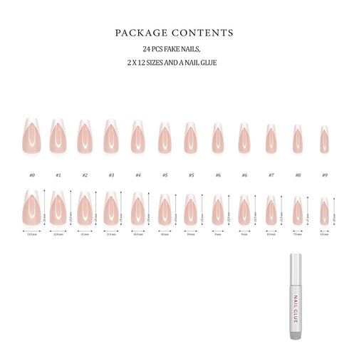 Hypnaughty 24 Pcs Modern White French Coffin Press On Nails with Design, Glue, Medium Long, Nude Color