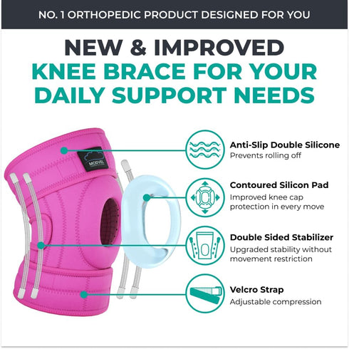 MODVEL Knee Brace with Side Stabilizers, Patella Gel Pads for Knee Pain, Injury Recovery, FSA/HSA Eligible (S/M Pink)