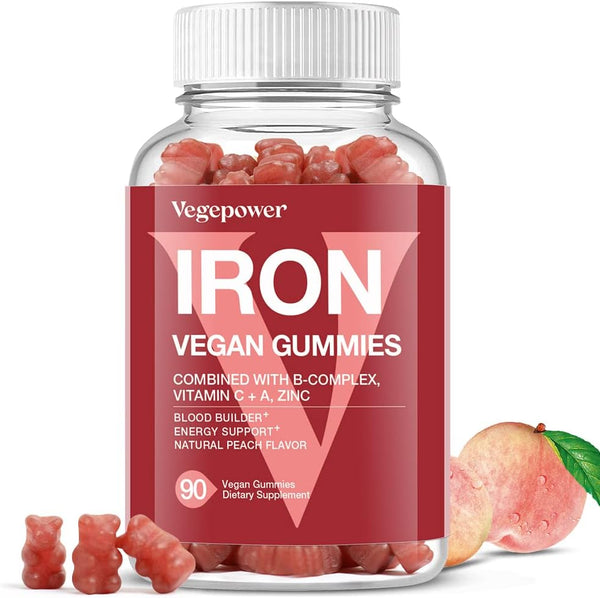 Vegan Iron Gummies Supplement with Vitamin C, A, B-Complex, Folate, Zinc for Adults & Kids - Peach Flavor (90 Ct)