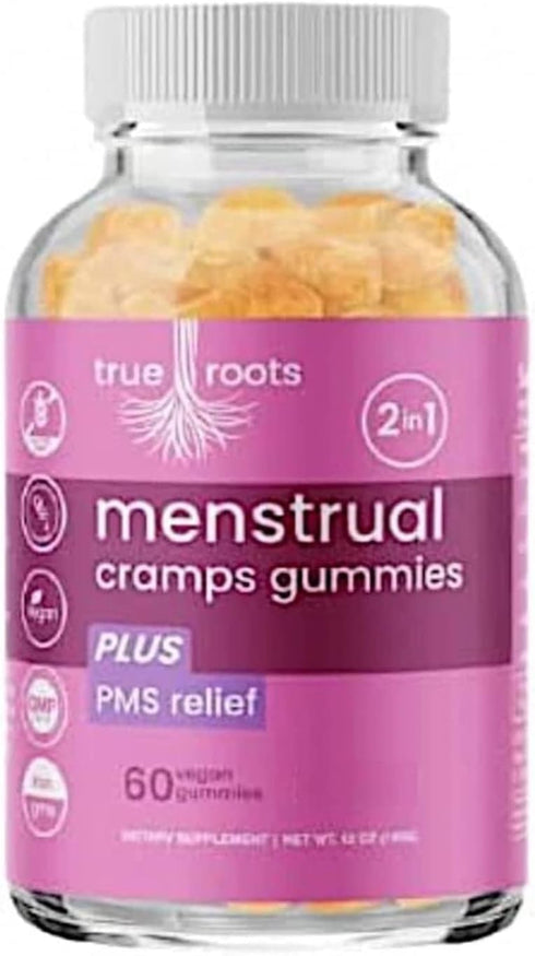 Gummies 60 Count Menstrual Cramp Period True Roots | PMS Support Supplement for Women | Healthy Flow | Flo PMS