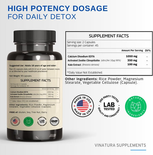 EDTA Capsules 1500mg per Serving - USA Made Liver Support with Kale Extract, 90 Capsules, 45 Servings