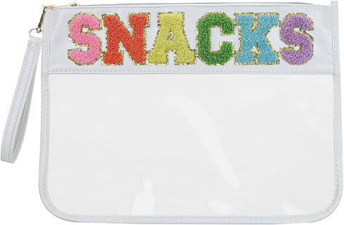 Snack Bags Clear Pouch Travel Makeup Bag, Chenille Letter Zipper Pouch for Women