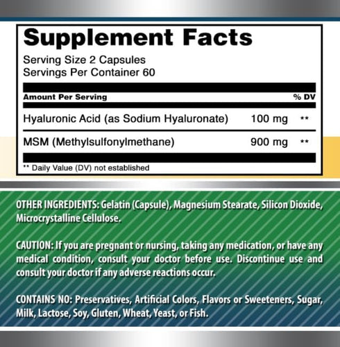 Amazing Formulas Hyaluronic Acid & MSM Supplement, 500 Mg, 120 Capsules, Non-GMO