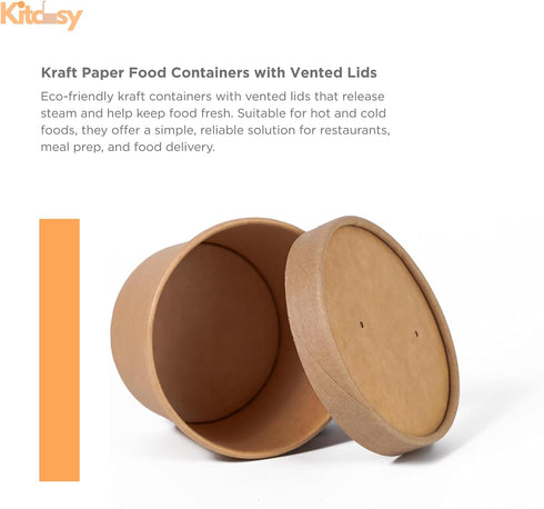 Kitchsy 50 Pack, 8 oz, 12 oz, 16 oz, 26 oz, 32 oz, (16 oz) Disposable Kraft Paper Food Containers with Vented Lids