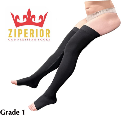 Ziperior 15-20 mmHg Thigh High Compression Wide Calf Inside Leg Zipper Open Toe