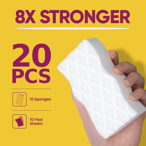 (20-Pack) Magic Eraser Sponge Cleaning – Clear Off 10 Eraser Sponges + 10 Flexi Sheets for Dishes & Household Bathroom Cleaning Remove Stubborn Dirt - Water Based Janitorial and Home Cleaning Supplies by Clear Off