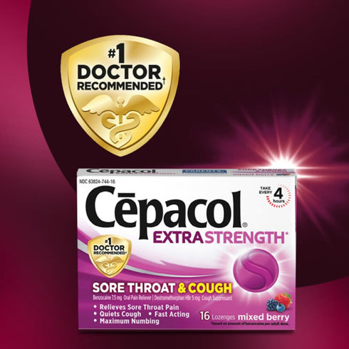 Cepacol Extra Strength Sore Throat & Cough Relief Lozenges, 16 Count, Mixed Berry Flavor, Pack of 4