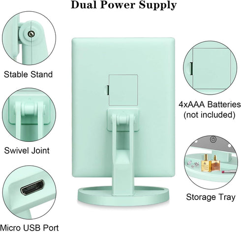Tri-fold Lighted Vanity Makeup Mirror, 21 LEDs, 3x/2x Magnification, Touch Screen, 180 Degree Free Rotation - Green