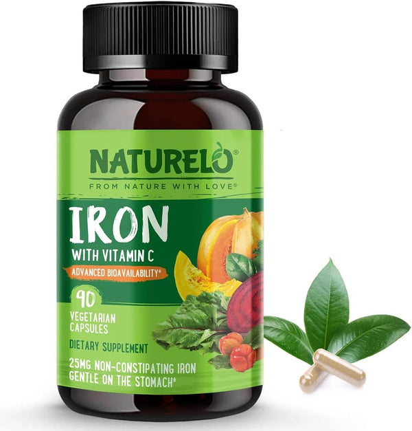 NATURELO Vegan Iron Supplement with Vitamin C, Organic Whole Foods - Gentle Iron Pills for Women & Men, 90 Mini Capsules